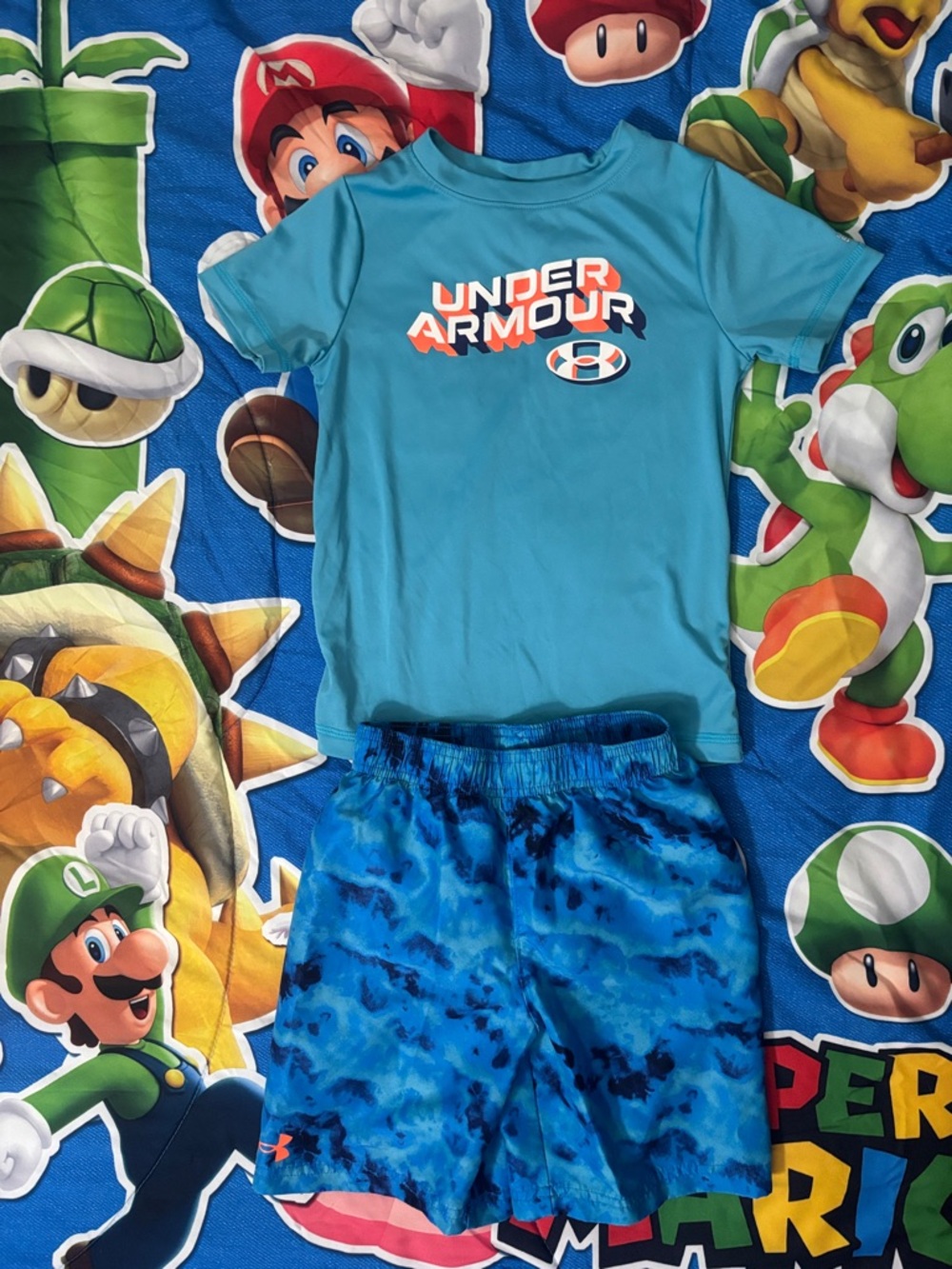 ( 2/$20) Under Armour Teal Logo Tee with Blue Patterned Swim Shorts